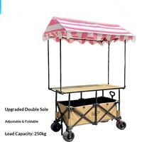 Chariot de Restauration Tout-Terrain en Métal pour Vente Ambulante, Chariot Compact pour Marchés avec Table Pliante, Hauteur Réglable et Auvent Triangulaire