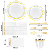 Scalloped Gold Rim 350pcs Plastic Dinnerware Set Disposable Party Plates With Napkins Cups and Cutlery for Thanksgiving Wedding