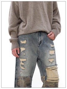Pantalon en jean camouflage bleu patchwork déchiré et <span class=keywords><strong>troué</strong></span> pour homme, style camouflage, avec empiècements, délavage acide bleu clair, prix abordable, personnalisable - Product Image 3