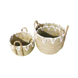 Set of 3 Wholesale Straw Basket Woven Seagrass Natural Rattan Handmade Storage Basket With Handles