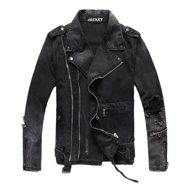 High street 100% cotton hole fitting denim jacket punk style motorcycle jacket fashion retro men's denim jacket