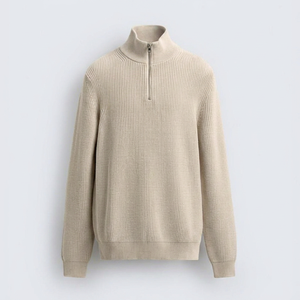 Pull en maille côtelée demi-zip pour homme, col rond, en coton épais, anti-boulochage, hiver, OEM ODM, vente en gros - Product Image 1