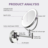 Miroir de maquillage professionnel mural en laiton de 8 pouces, pivotant des deux côtés, avec extension, pour salle de bain