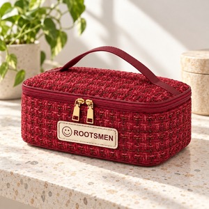 Travel <b>Makeup</b> <b>Case</b> Burgundy 22x6x14cm Tweed Texture Top Handle Dual Gold Tone Zipper Box Shape Cosmetic Organizer Custom Logo - Product Image 5