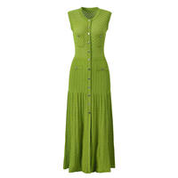 Elegantes Damen-Sommerkleid, sexy, ärmellos, O-Ausschnitt, einreihig geknöpft, gestrickt, antistatisch, A-Linie, Maxi, lässig, schlicht, einfarbig