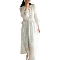 Robe longue Muguyu à manches classiques, style Normcore/Minimaliste, avec ceinture, col en V, en coton et lin, coupe ample, couleur unie, pour l'été