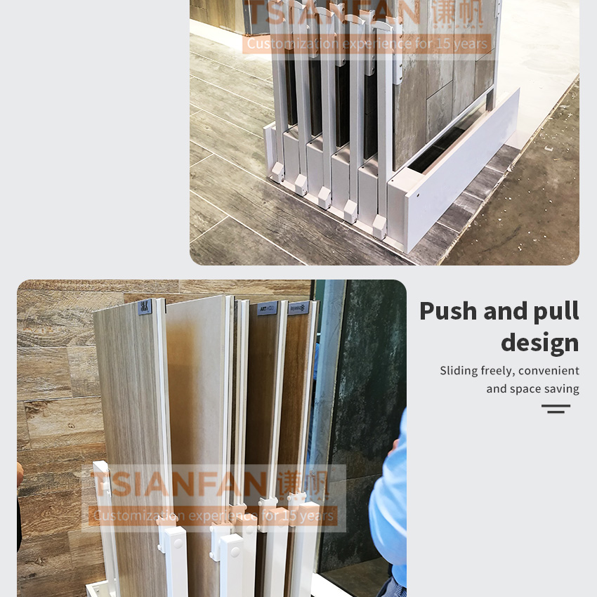 Customized Engineered Type Special Wood Flooring Metal Hardwood Display Rack With Spin Panels Oak Wooden Floors Display Stand