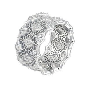 Luxury Yellow <b>Gold</b> <b>Cocktail</b> <b>Ring</b> With Round Moissanite Pave Setting Geometric Hollow Design For Women Party Jewelry - Product Image 2