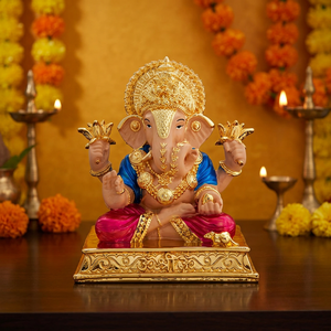 Ídolo de Ganesha de acero inoxidable hecho a mano de 5 pulgadas con corona chapada en oro y detalles de loto para decoración de bodas, salas de púja y Diwali. - Product Image 4