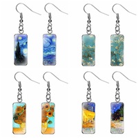 Pola dapat disesuaikan persegi panjang baja nirkarat kaca waktu permata menjuntai anting-anting antik agevan Gogh Lukisan kaca Drop anting-anting menjuntai