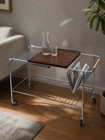 Chariot de service mobile moderne en acier inoxydable à 4 roues, plateau en bois massif, paniers doubles en maille, idéal pour cuisine et salon – Vente directe usine