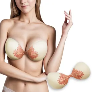 New Design Women Underwear Reusable Invisible Seamless Self Adhesive Bra Matte Push Up Sticky Bra Printed Silicone Bra for Women