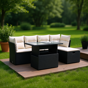 <b>Black</b> Pe Rattan Garden Sofa Set With Powder Coated Steel <b>Frame</b> 6 Seater Outdoor Furniture Contemporary Design - Product Image 2