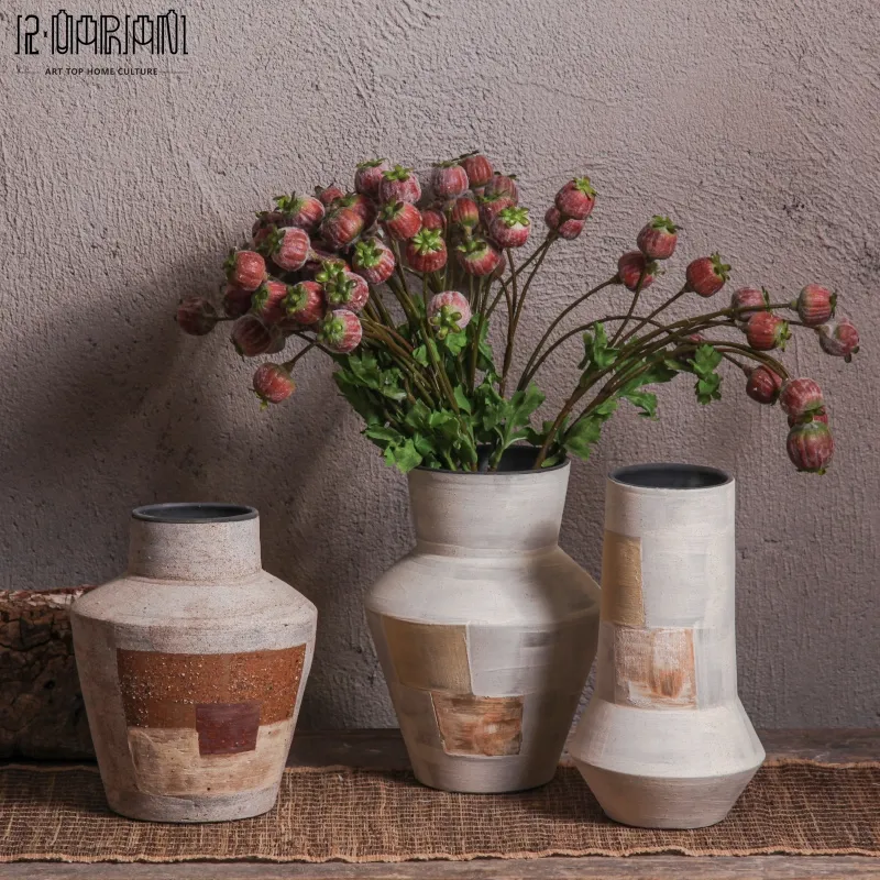 わびサビアートユニークなみすぼらしいシックなテラコッタセラミック花瓶セット花の家の装飾