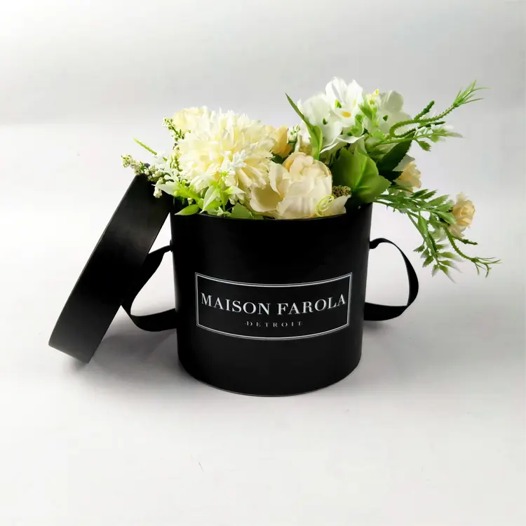 Logotipo Impresso Caixas De Tampa Flor Inserir Pequenas Flores de Embalagem Caixa De Papel Preto Personalizado Rodada