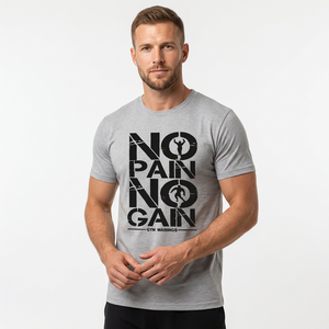 T-shirt en coton gris chiné imprimé pour homme, manches courtes, fitness, personnalisé, avec la citation 'No Pain No Gain', vente en gros - Product Image 2