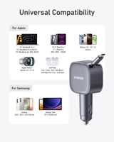 Cargador de Coche Anker A2738 Nano75W con Cable USB-C Retráctil Integrado, Carga Rápida Dual de 45W+30W para iPhone, Samsung y Laptops