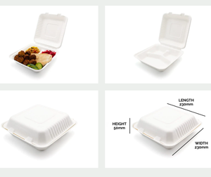 Boîte à repas en bagasse 3 compartiments - 9 x 9 pouces, biodégradable, jetable, 3 divisions, boîte à emporter pour hamburger personnalisée, micro-ondes, restauration rapide - Product Image 4