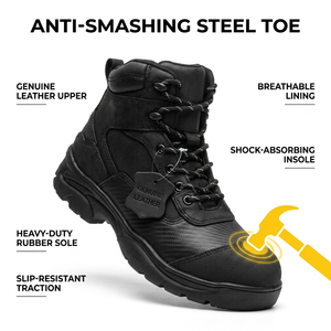 Bottes de sécurité à embout d'acier, chaussures de travail en cuir véritable, doublure respirante, semelle en caoutchouc antidérapante pour la construction - Product Image 1