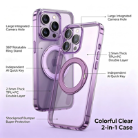 Coques de téléphone portable colorées en TPU+PC pour 18 Pro Pro Max avec support rotatif en métal à 360°, bords rigides et souples, anti-traces de doigts