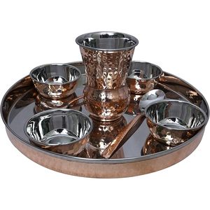 PARIJAT HANDICRAFT 12 Inch Stainless Steel Copper Traditional Dinner <b>Set</b> Thali Plate Bowls Glass Spoon <b>for</b> Home Use - Product Image 2