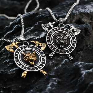 Pendentif Viking en acier inoxydable avec tête de loup et double hache pour homme, collier à thème animal géométrique, bijoux cadeau - Product Image 1