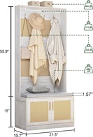 Banc d'arbre de hall de ferme blanc rustique armoire à chaussures étagère réglable et crochets pour le rangement de l'entrée