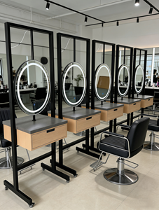 Salon or Barber Shop Double Sided Complete Metal <b>Workstation</b> with Round Led Back-Lit Mirrors - Product Image 2