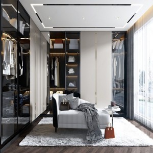 BALOM Dressing Moderne Personnalisé Noir et Blanc en Bois <span class=keywords><strong>avec</strong></span> Portes Vitrées, Éclairage LED Multi-Zones, Écologique - Product Image 2