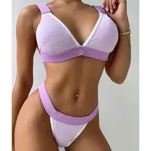 New Fashion Solid Textured Extreme Sexy Two Piece Mini Micro Bikini Beachwear High Slit Backless Swimsuit Women Thong Swimwear