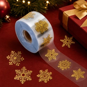 Rollo de Adhesivos Transparentes con Copos de Nieve Dorados para Envolver Regalos de Navidad, Decoración de Tarjetas y Manualidades, Venta al Por Mayor - Product Image 1