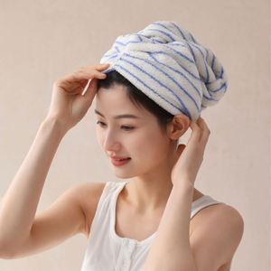 Serviette de séchage de cheveux en pur coton, absorbante, teinte en fil, style simple à fines rayures, nouveau modèle 2026, avec logo personnalisé - Product Image 1