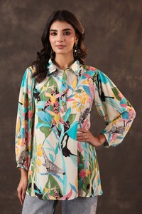 Achetez une tunique pour femme moderne à imprimé floral inspiré de la nature, manches longues bouffantes, coupe ample, vêtements décontractés de créateur - Product Image 6