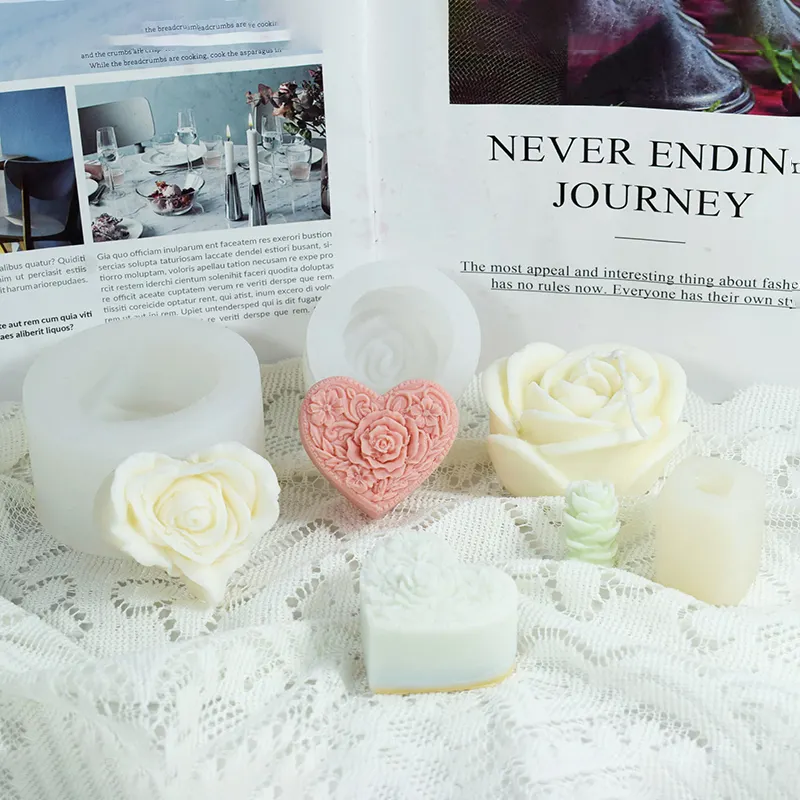 New Arrivals Ins Style Flower Candle Mold DIY 3D Love Heart shape Scented Candle Food Grade Silicone Mold