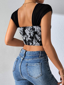 Damen New Style Sommer Korsett Floral One-Shoulder Hosenträger Casual Short Vest Exposed Navel Vielseitig gestricktes Crop Top Schwarz - Product Image 6