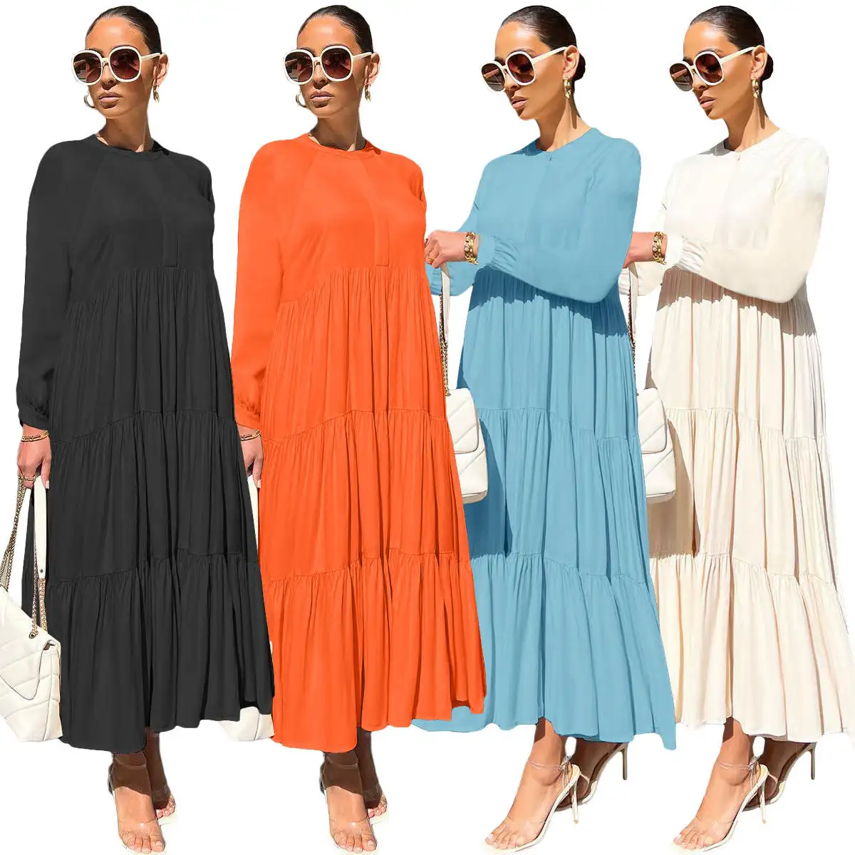 Fall 2022 Women Clothes Maxi Dresses Solid Color Stitching Long Sleeve Oversized Maxi Dress Ladies Elegant Pleated Dress Women