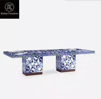 Ensemble de tables à manger rectangulaires en bois de style arabe, porcelaine bleue et blanche, table à manger arabe moderne de luxe