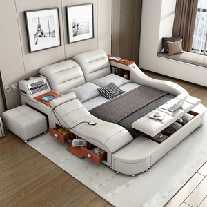 Cama doble de lujo para dormitorio, mueble de almacenamiento funcional de 2m, tamaño king, inteligente, de cuero - Product Image 6
