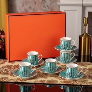Juego de lujo de 6 tazas y platillos en colores vibrantes con exquisito patrón de cadena, servicio de café de porcelana, ideal para la hora del té y como regalo. - Product Image 4