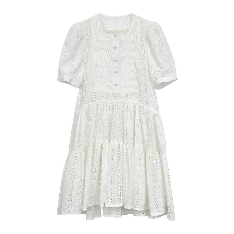 OEM High Quality Gathered Ruffled Broderie Anglaise Cotton Mini Shirt Dress Elegant Puff Short Sleeve Button Up Casual Dress