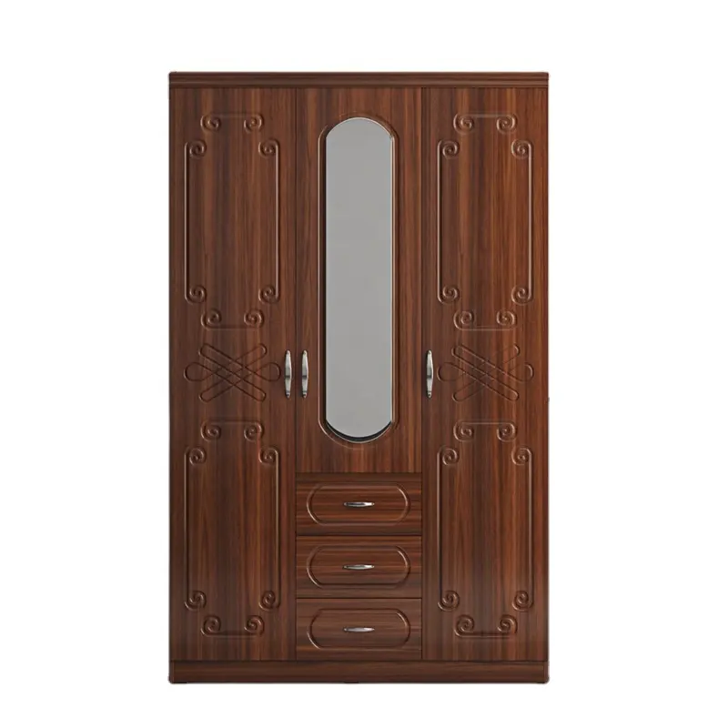 cheap PVC film laminated closet with drawers 3 door MDF bedroom wardrobe plastic wardrobe with mirror for home
