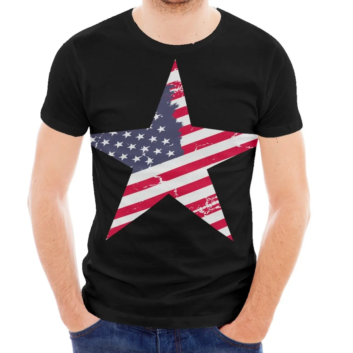 Men's Black O Neck T With Five Pointed Star Print Men's Short Sleeve T Shirt With American Flag Custom Design Men's Summer Tops