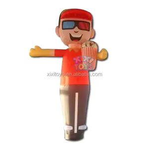 Werbung winkt Hände Luft tänzer hält Popcorn Eimer, aufblasbarer Junge mit 3D-Brille