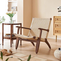 Fauteuil lounge en bois de frêne massif avec corde tressée, fauteuil moderne en corde tressée à la main pour salon et terrasse