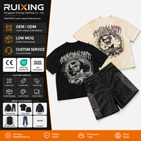 Ensemble court vintage grunge pour homme, t-shirt graphique avec strass et short en cuir PU, ensemble 2 pièces, coton épais, coupe ample, streetwear Y2K