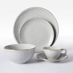 WEIYE 2024 hot sale Nordic style porcelain tableware grey color glazed gold rim ceramic dinner set for wedding