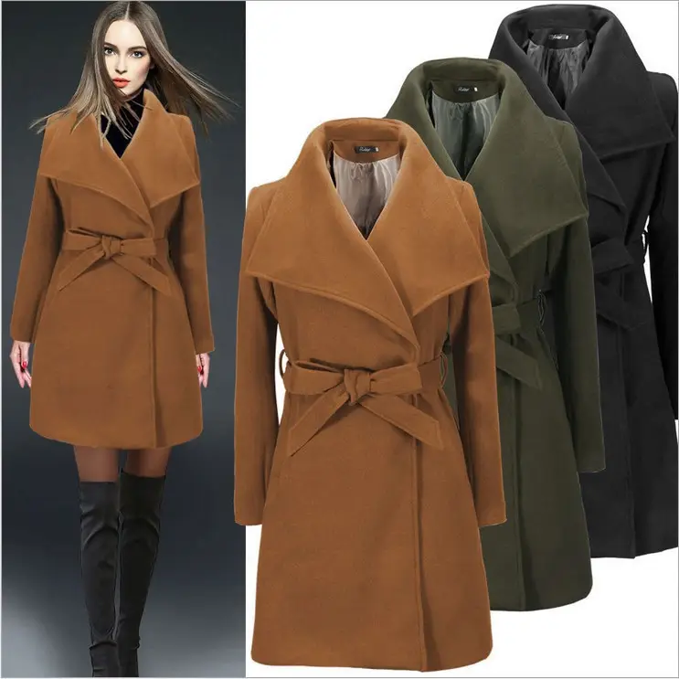New Fashion girls lapel belt solid woolen overcoat hot style ladies warm clothing long trench winter coat for women