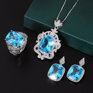 Vintage Eco-friendly Copper Full Diamond Jewelry <b>Set</b> 12*16/12*14mm Blue Cubic Zirconia Pendant and <b>Earring</b> Ring <b>Set</b> - Product Image 3