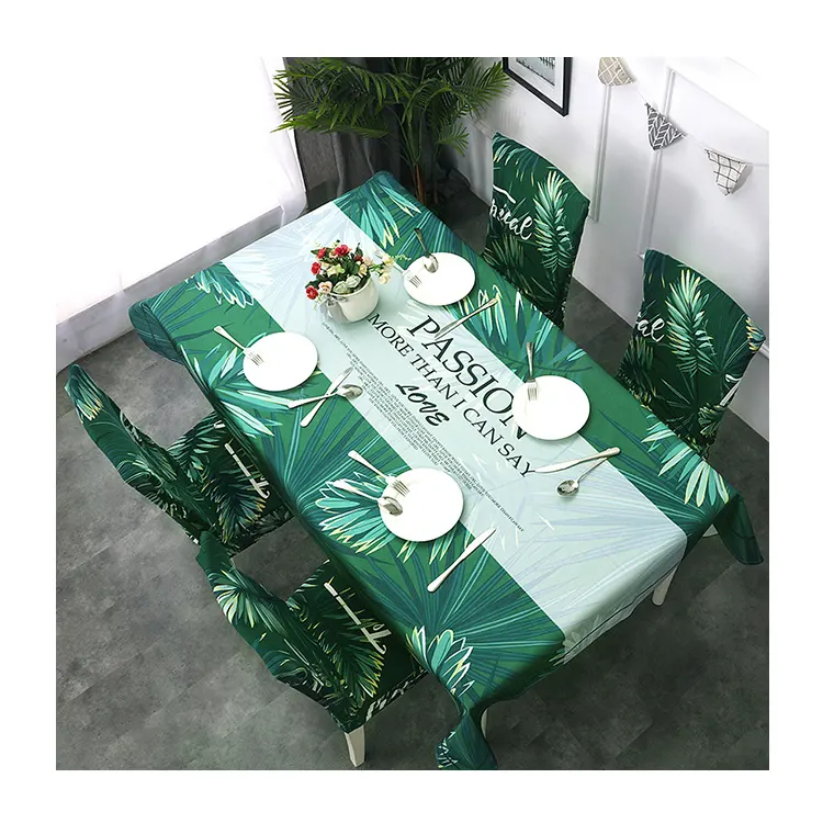 Wholesale Cheap Green Plant Printed Pvc Dining Table Cover Table Cloth with a Seat Cover Set