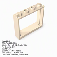 Gobricks GDS-780 Pièces de construction en plastique ABS à l'échelle 1:8, Fenêtre 1x4x3 sans languettes de volet, Assemblage DIY, Pièces de briques MOC